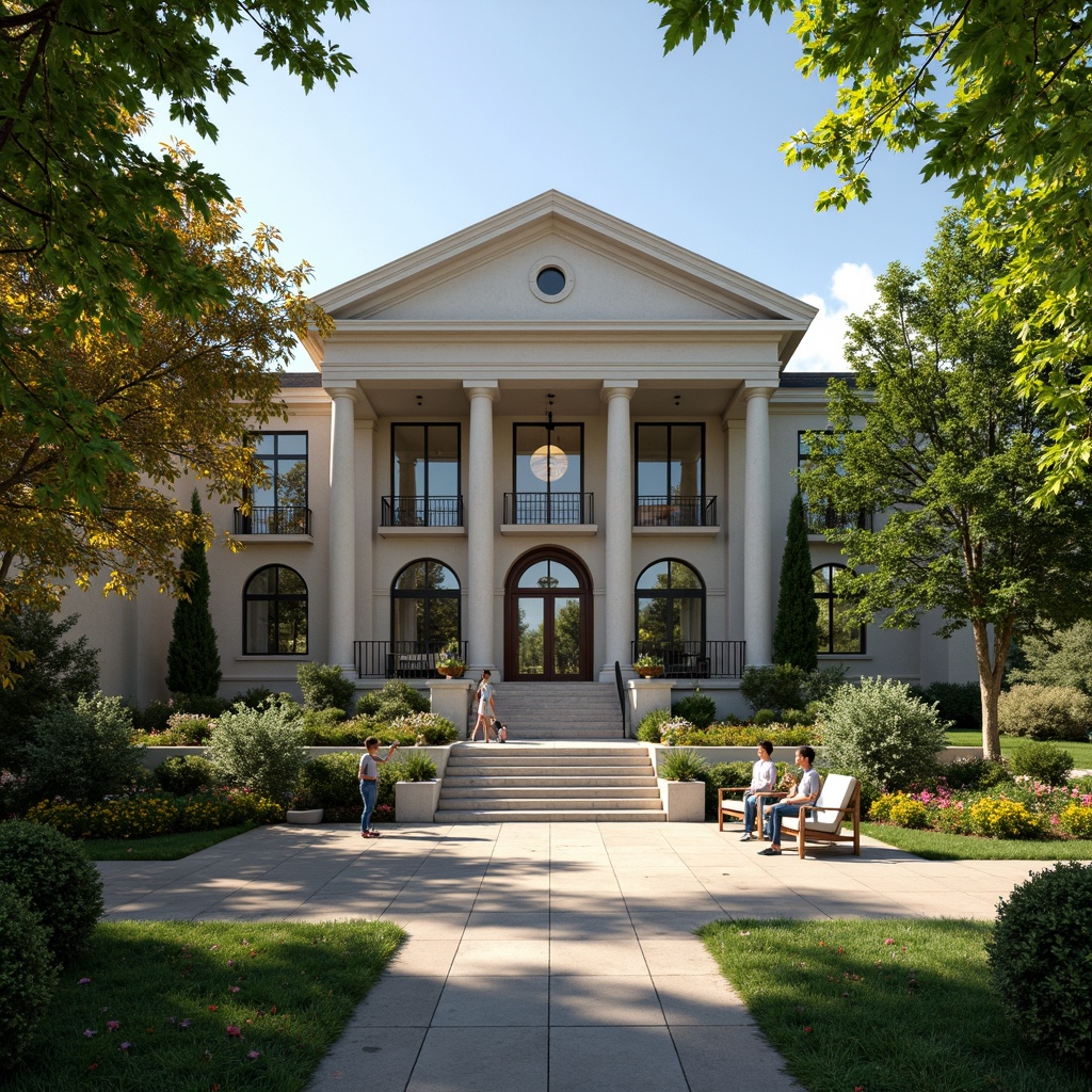 Prompt: Elegant academic building facade, lush greenery, manicured lawns, walking paths, ornamental trees, blooming flowers, modern outdoor furniture, subtle uplighting, cinematic spotlights, grand entrance stairs, classic columns, symmetrical architecture, neutral color palette, stone or brick exterior, large windows, French doors, sunny day, soft warm lighting, shallow depth of field, 3/4 composition, panoramic view, realistic textures, ambient occlusion.