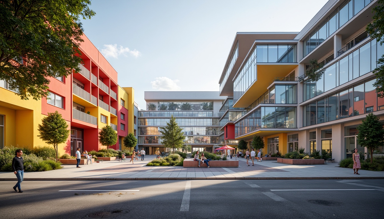 Prompt: Vibrant modern school, sleek streamline architecture, bold primary colors, bright accents, neutral backgrounds, glass facades, steel frames, minimalist decor, urban cityscape, morning sunlight, soft shadows, shallow depth of field, 1/1 composition, realistic textures, ambient occlusion.