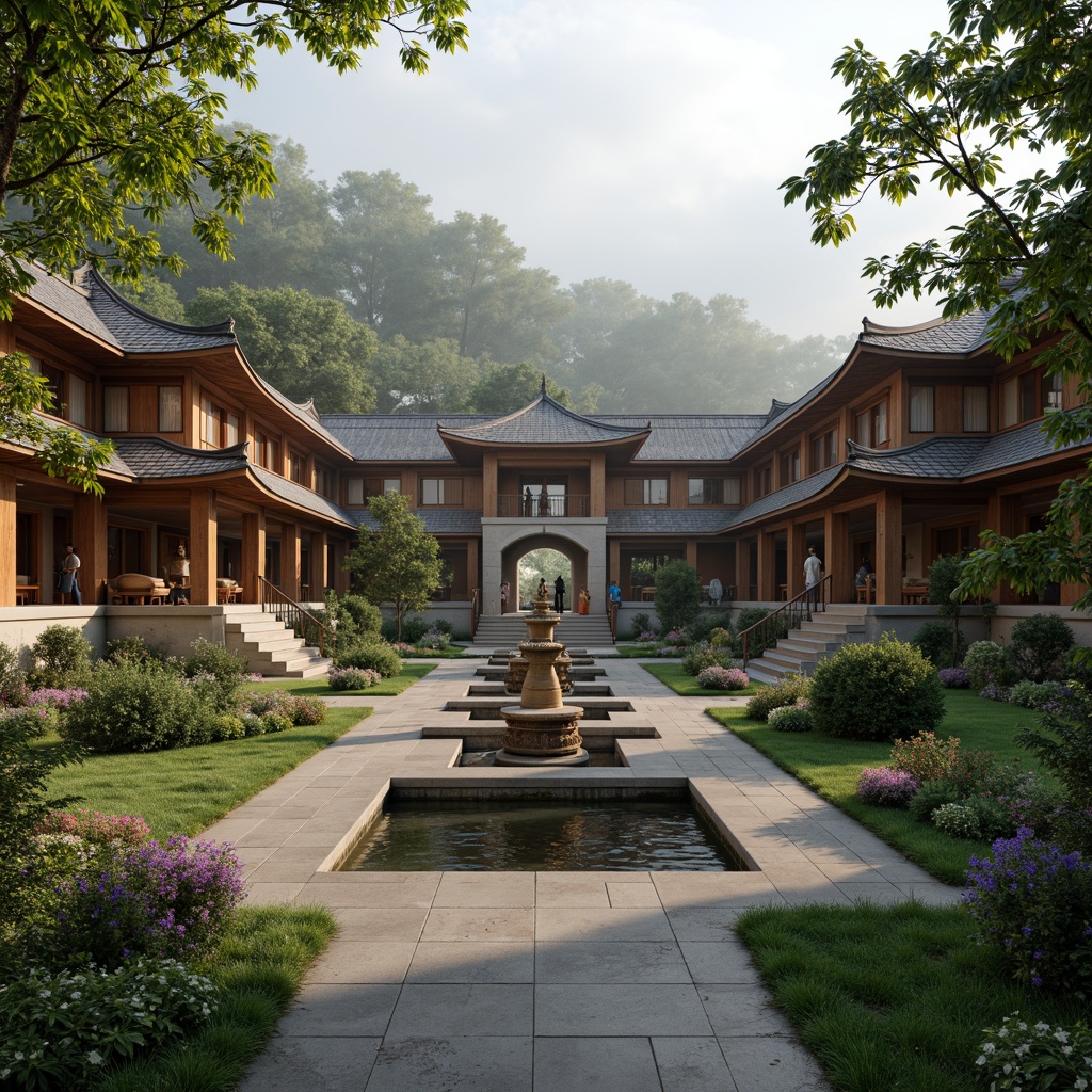 Prompt: Serene monastery courtyard, lush greenery, vibrant flowers, peaceful water features, prayer wheels, Buddha statues, intricate stone carvings, traditional Asian architecture, curved rooflines, wooden accents, natural materials, earthy color palette, misty morning atmosphere, soft warm lighting, shallow depth of field, 3/4 composition, panoramic view, realistic textures, ambient occlusion.