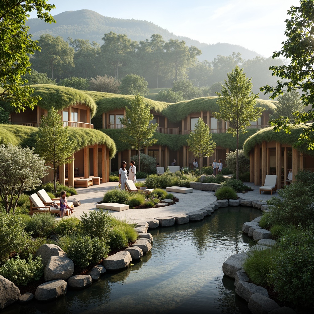 Prompt: Soothing healthcare facility, lush green roofs, natural stone walls, curved lines, calming water features, serene gardens, walking trails, meditation areas, abundant natural light, warm wooden accents, comfortable seating areas, vibrant artwork, healing colors, gentle sloping hills, surrounding forest views, misty morning atmosphere, soft diffused lighting, shallow depth of field, 1/2 composition, realistic textures, ambient occlusion.