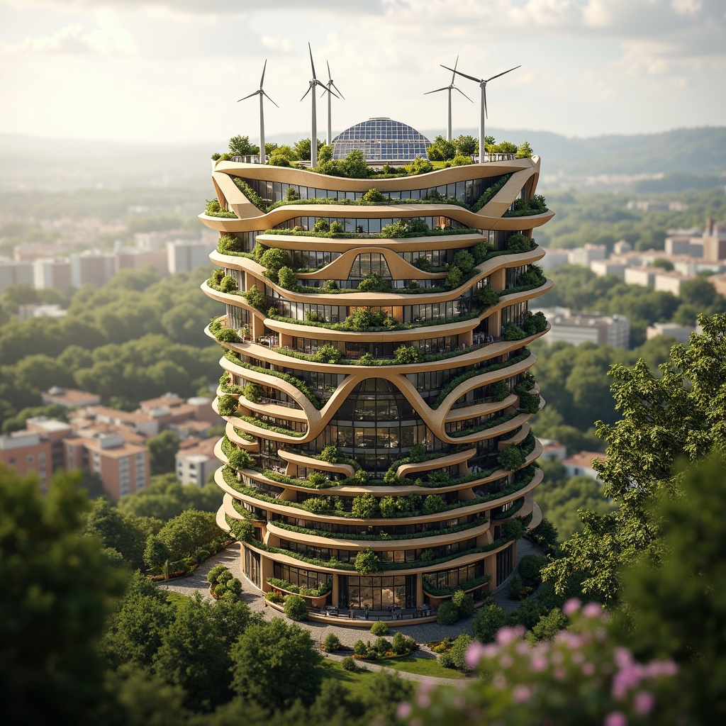 Prompt: Eco-friendly Watching Tower, curved lines, organic shapes, green roofs, solar panels, wind turbines, recycled materials, natural ventilation systems, minimalist design, earthy tones, living walls, lush greenery, blooming flowers, serene atmosphere, soft warm lighting, shallow depth of field, 3/4 composition, panoramic view, realistic textures, ambient occlusion.