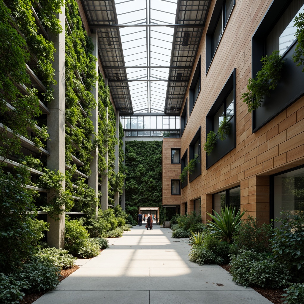 Prompt: Industrial factory building, lush green walls, vertical garden, climbing plants, reclaimed wood accents, metal cladding, corrugated steel roofs, solar panels, skylights, natural ventilation systems, exposed ductwork, polished concrete floors, minimal ornamentation, functional design, industrial chic aesthetic, abundant natural light, soft diffused lighting, shallow depth of field, 1/2 composition, symmetrical framing, realistic textures, ambient occlusion.