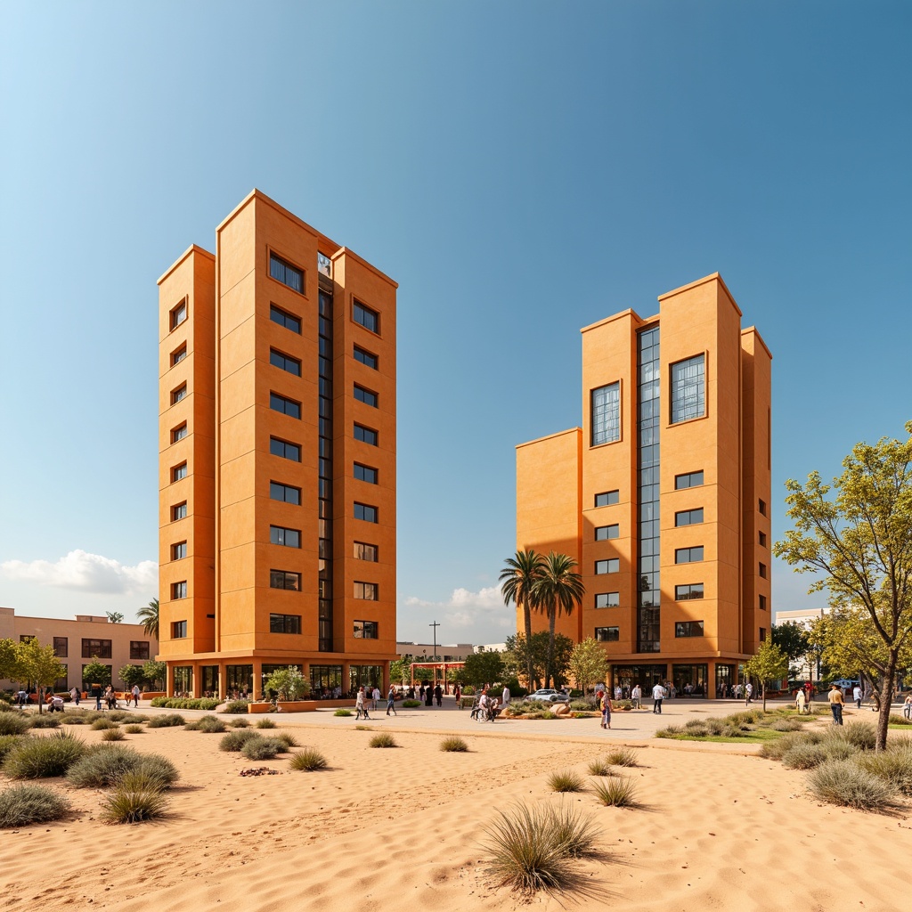 Prompt: Vibrant orange desert towers, sandy dunes, cactus plants, hot sunny day, clear blue sky, vast open space, futuristic architecture, sleek metal buildings, reflective glass surfaces, angular lines, minimalist design, sustainable energy solutions, solar panels, wind turbines, water conservation systems, green roofs, eco-friendly materials, innovative cooling technologies, shaded outdoor spaces, misting systems, Arabic-inspired patterns, vibrant colorful textiles, intricate geometric motifs, warm soft lighting, high contrast, 3/4 composition, panoramic view, realistic textures, ambient occlusion.