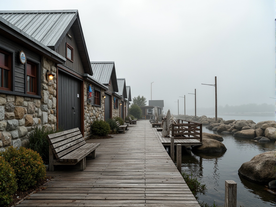 Prompt: Rustic coastal research center, weathered wooden docks, corrugated metal roofs, salt-worn stone walls, driftwood accents, ocean-inspired color palette, faded nautical flags, worn rope railings, distressed wooden benches, sea-salt air, misty morning light, soft focus, 1/2 composition, natural textures, ambient occlusion.