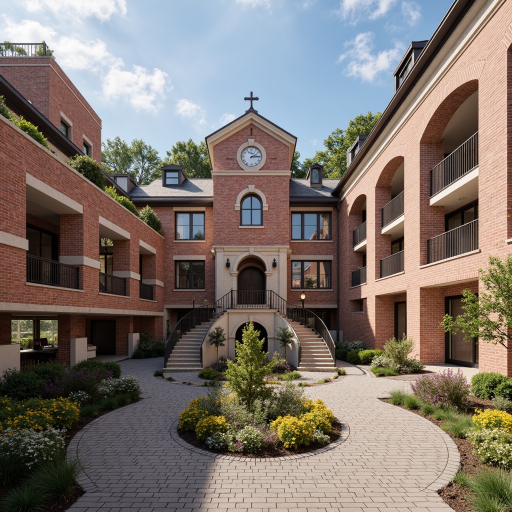 Prompt: Brick facade, ornate clock tower, grand entrance staircase, rusticated stone columns, vaulted ceilings, arched windows, intricate stonework, modernized interior spaces, social housing units, community facilities, rooftop gardens, green roofs, communal courtyards, playground equipment, safety railings, urban context, revitalized neighborhood, mixed-income residents, accessible walkways, natural lighting, warm color scheme, 1/1 composition, realistic textures, ambient occlusion.