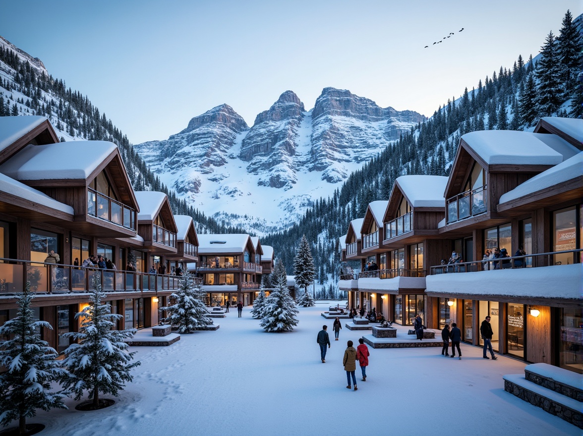 Prompt: Snow-capped mountains, rustic wooden accents, ski lift machinery, snowflake-patterned railings, frosty glass balconies, modern angular architecture, metallic fa\u00e7ades, icy blue hues, winter sports equipment, wooden signage, pine tree surroundings, snowy rooftops, warm cozy lighting, shallow depth of field, 3/4 composition, panoramic view, realistic textures, ambient occlusion.