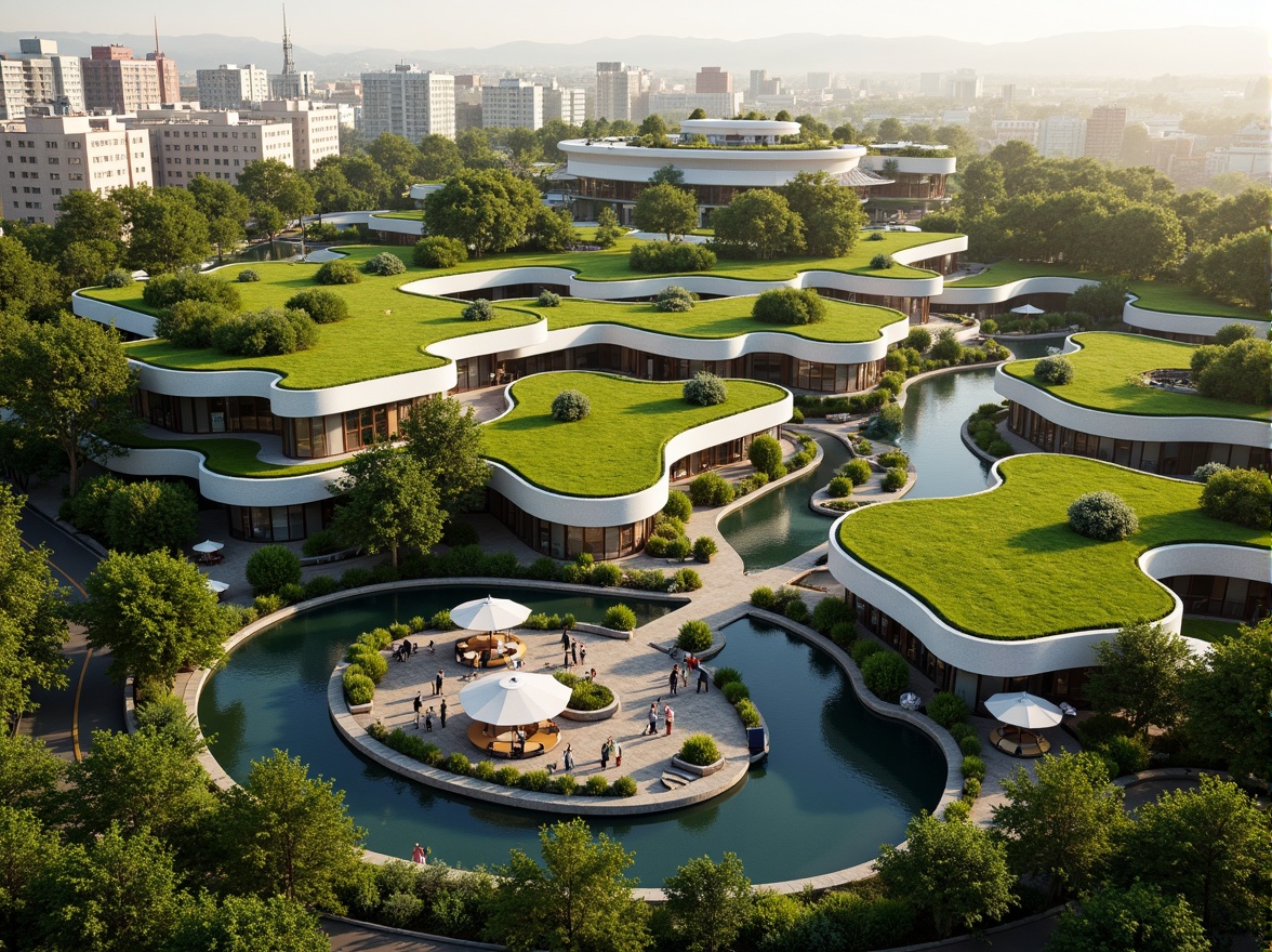 Prompt: Vibrant green roofs, lush vegetation, winding water features, natural stone walls, curved lines, organic shapes, futuristic architecture, sustainable energy systems, solar panels, wind turbines, eco-friendly materials, innovative cooling technologies, shaded outdoor spaces, misting systems, bioluminescent lighting, 3D printed structures, parametric design, futuristic cityscape, aerial perspective, shallow depth of field, soft warm lighting, panoramic view, realistic textures, ambient occlusion.