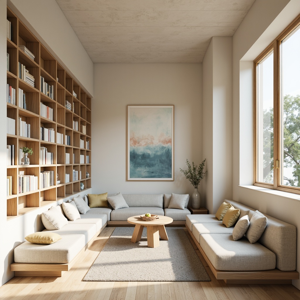 Prompt: Soft pastel hues, calming atmosphere, warm beige tones, creamy whites, gentle blues, muted greens, rich wood textures, natural stone accents, minimalist design, Scandinavian-inspired decor, cozy reading nook, comfortable seating area, soft overhead lighting, subtle shadows, shallow depth of field, 1/1 composition, realistic rendering, ambient occlusion.