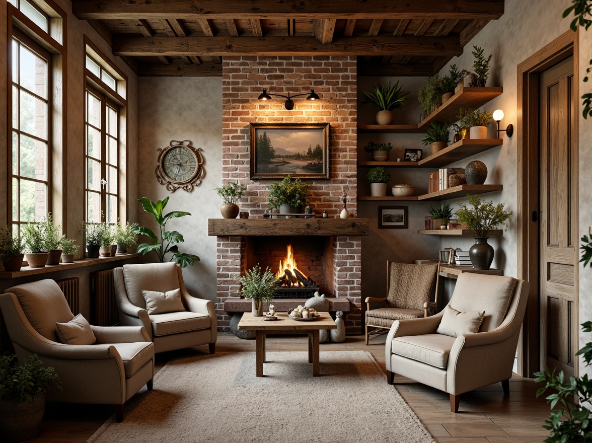 Prompt: Vintage rustic farmhouse, distressed wooden accents, worn brick walls, earthy color palette, warm beige tones, soft sage greens, weathered copper fixtures, antique metal lanterns, plush velvet fabrics, natural linen textiles, woven baskets, potted botanicals, reclaimed wood shelving, eclectic decorative artifacts, warm candlelight, cozy reading nooks, rustic wooden beams, aged leather armchairs, faded florals, distressed finishes, 1/2 composition, softbox lighting, realistic textures.