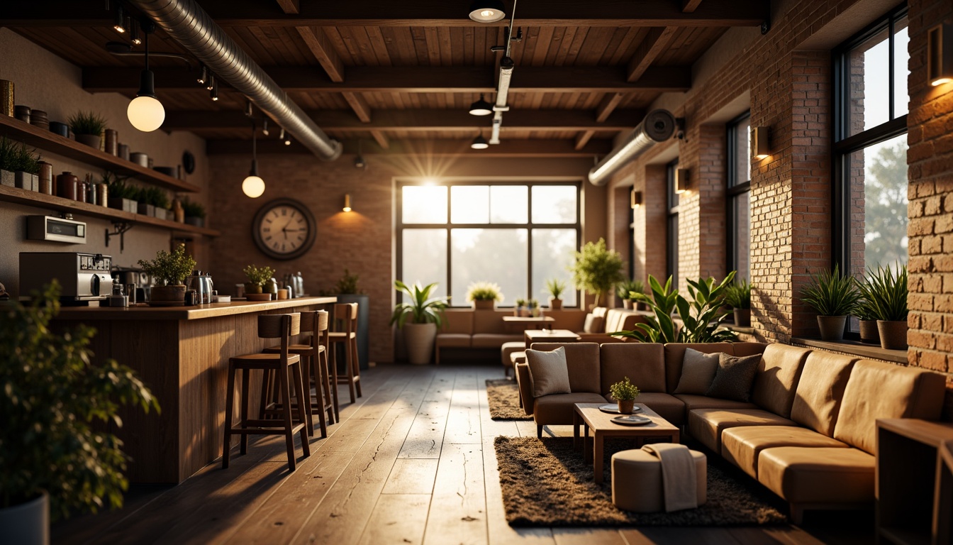 Prompt: Cozy coffee shop interior, warm earthy tones, rich wood accents, comfortable seating areas, vintage industrial lighting, exposed brick walls, rustic metal fixtures, soft plush upholstery, natural textiles, aromatic coffee scents, inviting atmosphere, morning sunlight, soft warm glow, shallow depth of field, 1/1 composition, intimate close-ups, realistic textures, ambient occlusion.