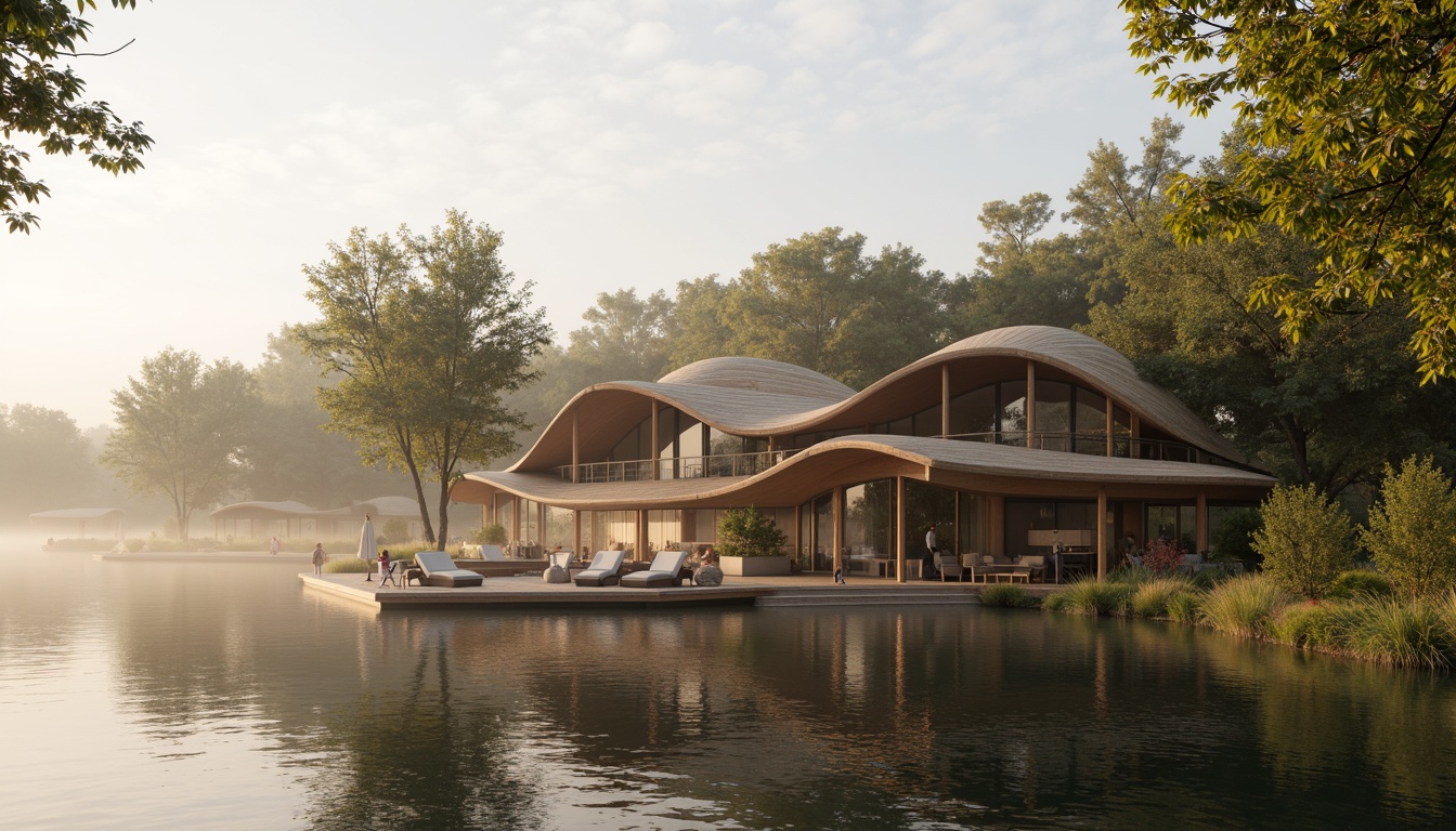 Prompt: Curved boathouse, natural wood accents, wavy rooflines, irregular shapes, soft earthy tones, water reflections, misty morning atmosphere, lush greenery surroundings, lakefront setting, organic forms, free-flowing curves, bulbous structures, transparent glass walls, wooden dock, floating decks, nautical ropes, sailboat-inspired details, warm golden lighting, shallow depth of field, 1/2 composition, cinematic view, realistic water effects, ambient occlusion.