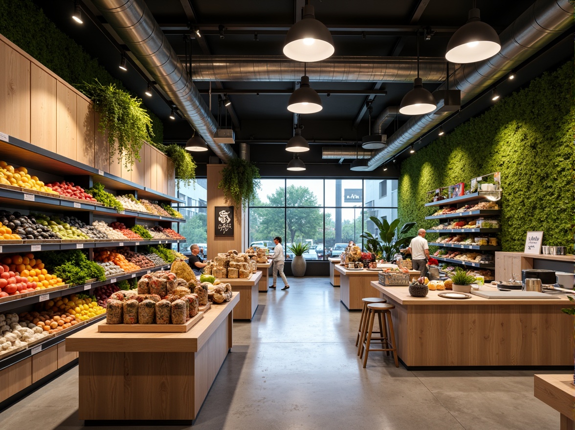 Prompt: Vibrant grocery store interior, modern shelving units, colorful product displays, sleek metal lighting fixtures, energy-efficient LED lamps, warm ambient lighting, high ceilings, polished concrete floors, green walls with living plants, natural stone countertops, minimalist decor, soft focus photography, 1/2 composition, subtle shadows, realistic reflections, morning light, gentle highlights.