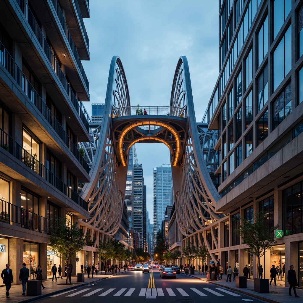 Prompt: Curved pedestrian bridge, futuristic architecture, sleek steel cables, suspended walkways, LED lighting systems, urban cityscape, modern metropolitan area, busy street traffic, vibrant nightlife, dynamic structural components, parametric design, algorithmic patterns, metallic mesh railings, wooden deck flooring, cantilevered sections, symmetrical composition, dramatic depth of field, low-angle shot, warm ambient lighting, realistic reflections, atmospheric mist effects.