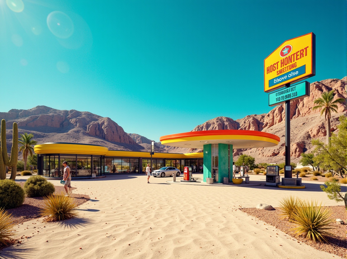 Prompt: Vibrant neon signs, retro-futuristic architecture, sandy dunes, cactus plants, hot sunny day, clear blue sky, vast open space, sleek metal buildings, reflective glass surfaces, angular lines, bold typography, bright color accents, turquoise fuel pumps, yellow and orange canopies, LED lighting, futuristic gas station design, desert landscape, rocky terrain, palm trees, warm atmospheric perspective, shallow depth of field, 2/3 composition, cinematic rendering, realistic textures.