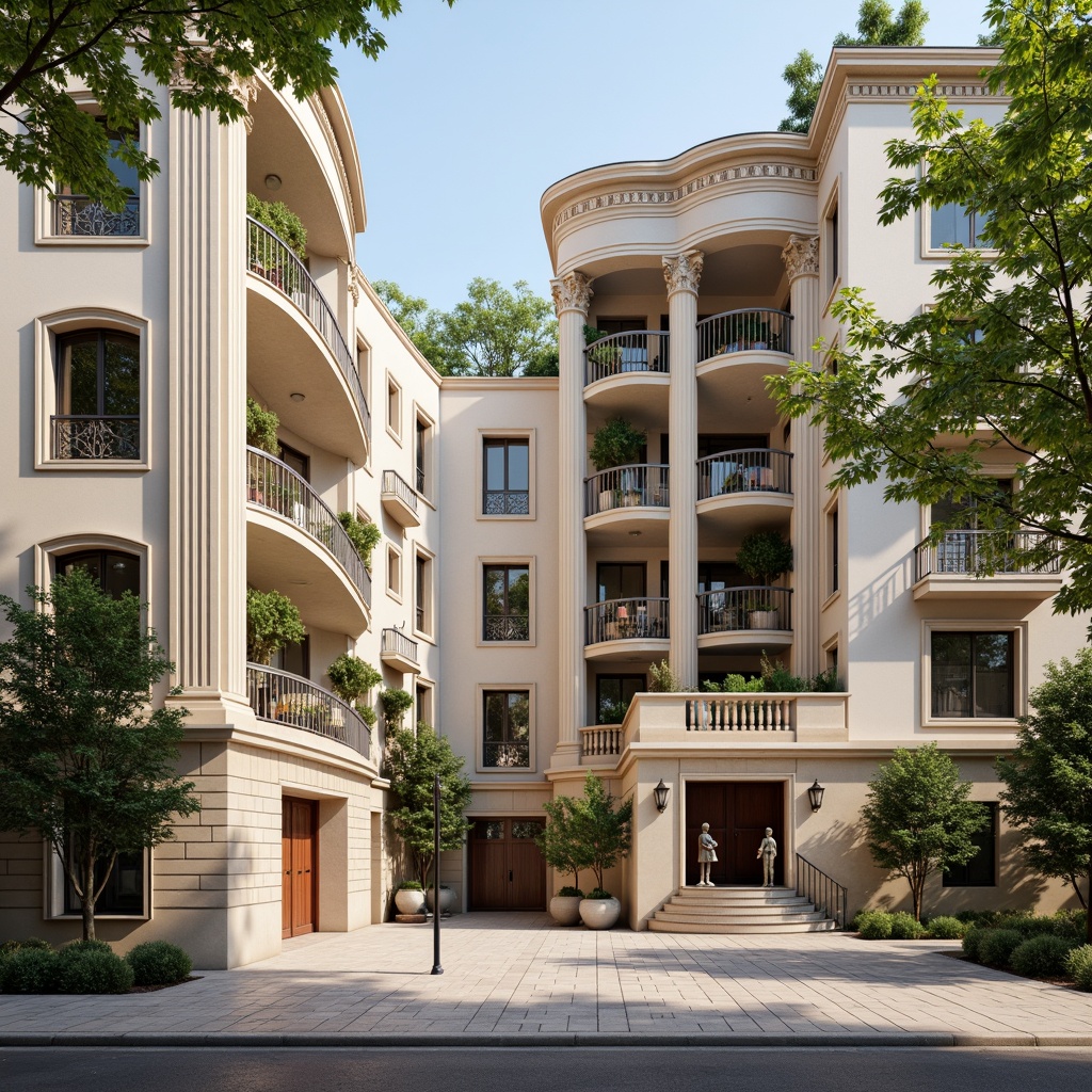 Prompt: Grandiose columns, ornate cornices, symmetrical facades, rusticated bases, arched windows, balconies with intricate metalwork, grand entrance doors, limestone walls, cream-colored stucco, subtle pilasters, curved staircases, ornamental pediments, classical sculptures, lush greenery, historic district, warm sunny day, soft diffused lighting, shallow depth of field, 1/2 composition, realistic textures, ambient occlusion.