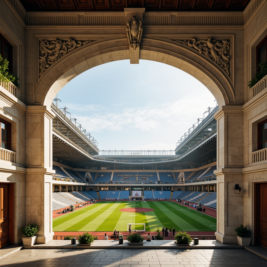 Prompt: Grandiose soccer stadium, classical architectural style, white marble columns, ornate details, rusticated stone walls, curved lines, symmetrical facade, lush green grass, vibrant athletic tracks, spectator seating, steel beams, wooden accents, natural stone flooring, grand entrance gates, elegant lighting fixtures, dramatic archways, sweeping curves, warm golden lighting, 1/1 composition, medium shot, realistic textures, subtle ambient occlusion.