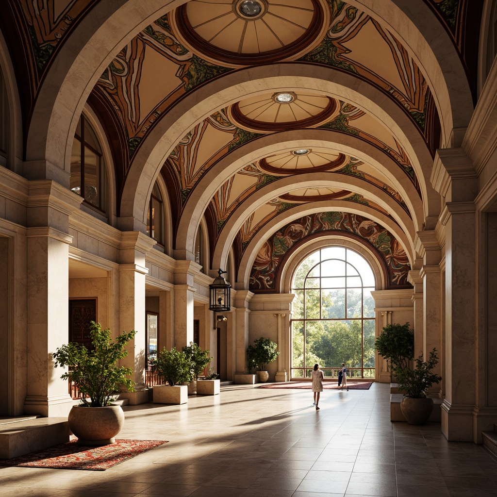 Prompt: Undulating curves, sweeping arches, flowing lines, grand entrances, ornate facades, Baroque-inspired details, luxurious materials, polished marble floors, intricate mosaics, stained glass windows, vibrant color schemes, soft warm lighting, shallow depth of field, 3/4 composition, panoramic view, realistic textures, ambient occlusion.