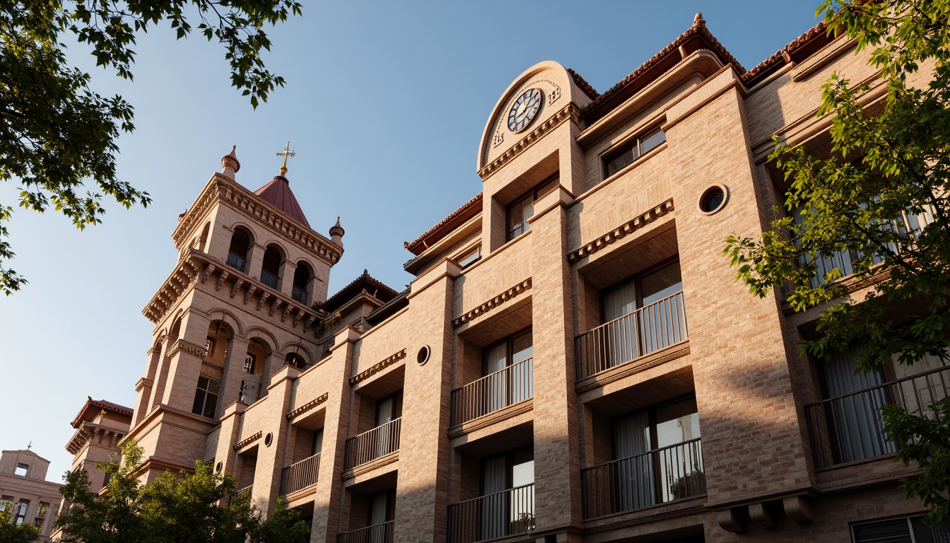 Prompt: Renaissance-inspired facade, ornate stone carvings, grandiose watching towers, majestic clock towers, intricate brick patterns, terracotta rooftops, ornamental balconies, rusticated quoins, arched windows, heavy drapery, luxurious textiles, warm golden lighting, soft afternoon sun, high contrast shadows, 1/2 composition, atmospheric perspective, detailed stonework textures, subtle ambient occlusion.