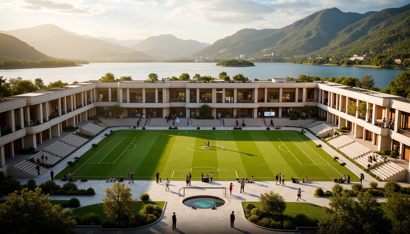 Prompt: Grandiose soccer stadium, symmetrical facade, ornate columns, classical arches, lush green lawns, rolling hills, serene lakeside, tranquil water features, majestic mountain views, warm golden lighting, shallow depth of field, 3/4 composition, panoramic view, realistic textures, ambient occlusion, natural stone walkways, bronze statues, elegant fountains, grand entrance gates, VIP lounges, premium seating areas, vintage scoreboards, nostalgic stadium atmosphere.