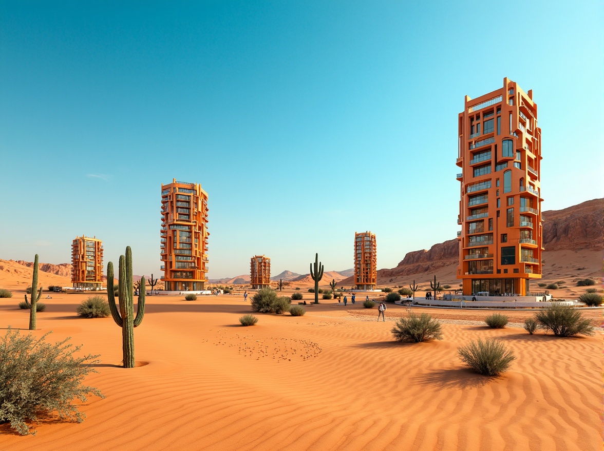 Prompt: Vibrant desert landscape, sandy dunes, cactus plants, hot sunny day, clear blue sky, vast open space, futuristic desert towers, vibrant orange hues, metallic accents, sleek modern architecture, angular lines, minimalist design, sustainable energy solutions, solar panels, wind turbines, water conservation systems, green roofs, eco-friendly materials, innovative cooling technologies, shaded outdoor spaces, misting systems, Arabic-inspired patterns, geometric motifs, warm atmospheric lighting, high contrast ratio, 3/4 composition, panoramic view.