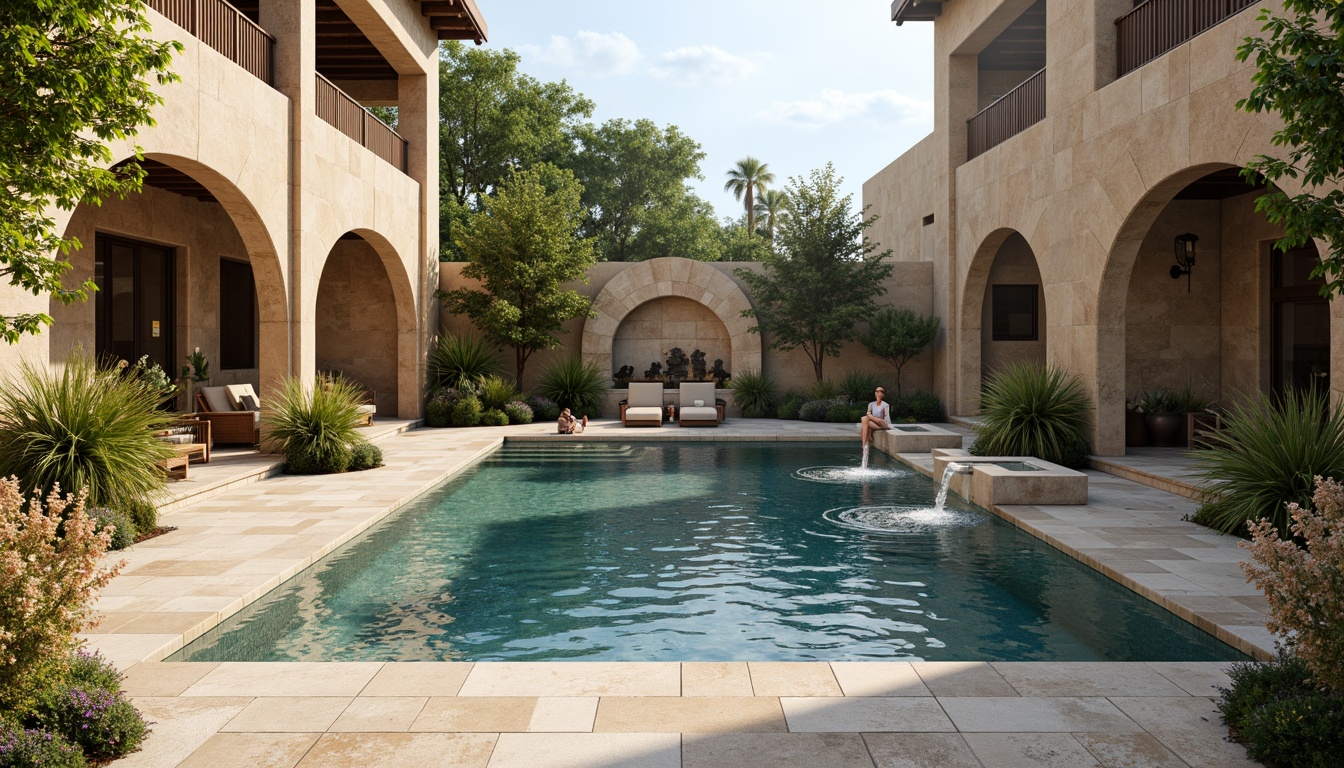 Prompt: Renaissance-inspired pool deck, rustic stone walls, ornate fountain features, glazed ceramic tiles, natural travertine flooring, warm beige stucco, elegant archways, refined ironwork railings, lush greenery surroundings, serene water reflections, soft rippling waves, gentle afternoon sunlight, 1/2 composition, atmospheric misting effects, realistic poolside props.