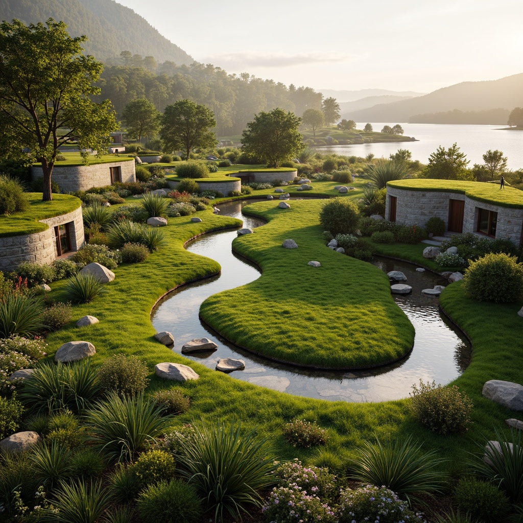 Prompt: Vibrant green roofs, lush vegetation, winding water features, organic curves, biomimetic structures, natural stone walls, reclaimed wood accents, undulating terrain, meandering paths, serene lakeside, misty atmosphere, warm golden lighting, soft focus, shallow depth of field, 2/3 composition, panoramic view, realistic textures, ambient occlusion.