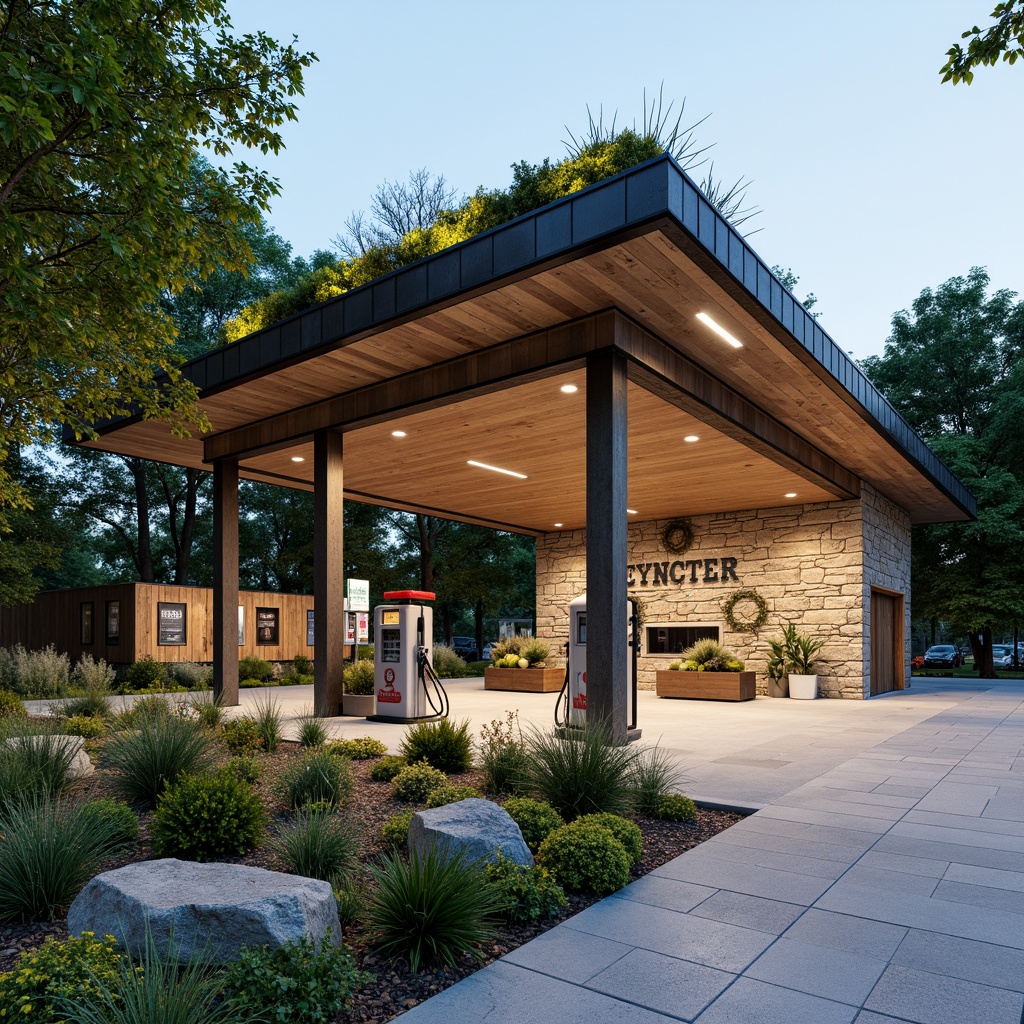 Prompt: \Rustic gas station, natural stone walls, green roofs, native plant species, rainwater harvesting systems, permeable pavement, bio-swales, educational signage, eco-friendly fuel pumps, modern minimalist architecture, angular lines, sleek metal canopies, warm LED lighting, shallow depth of field, 3/4 composition, panoramic view, realistic textures, ambient occlusion.\Let me know if this meets your requirements!