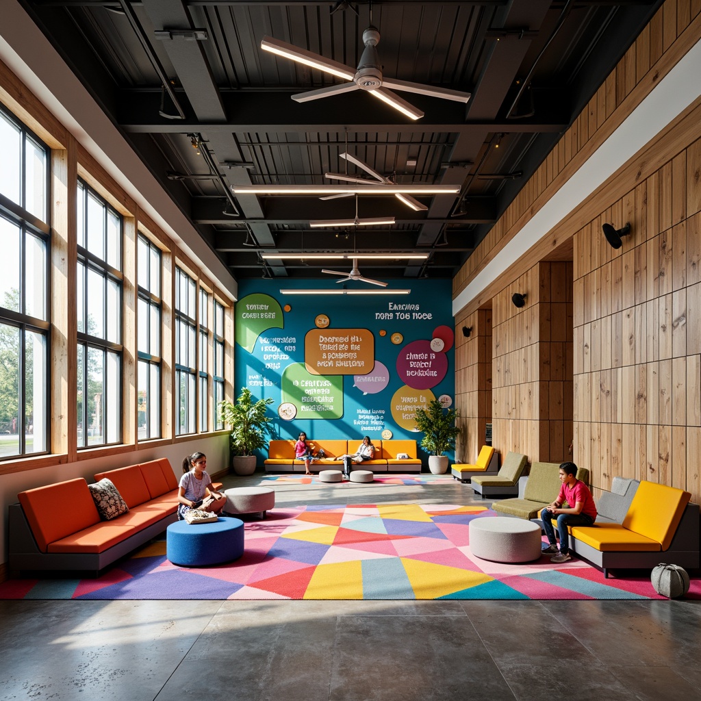 Prompt: Vibrant youth center, energetic atmosphere, bright colors, playful murals, inspirational quotes, modern furniture, sleek metal accents, bold geometric patterns, warm wooden tones, comfortable seating areas, natural light pouring in, softbox lighting, 3/4 composition, shallow depth of field, panoramic view, realistic textures, ambient occlusion.