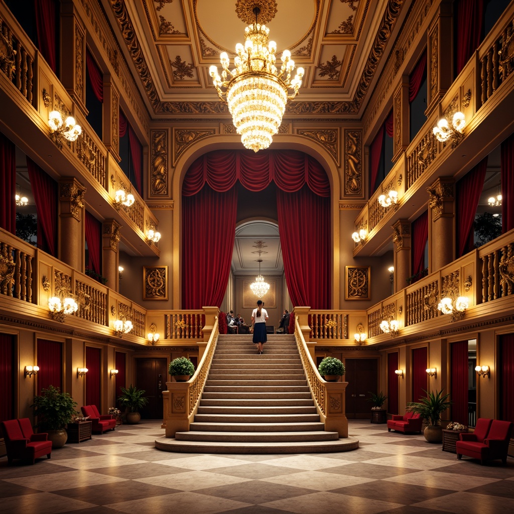 Prompt: Luxurious opera house interior, grand staircase, ornate chandeliers, red velvet curtains, golden accents, intricate moldings, marble floors, ornamental balconies, lavish furnishings, rich textiles, vibrant color palette, bold brushstrokes, dramatic lighting, warm spotlights, soft shadows, 1/1 composition, realistic reflections, ambient occlusion.