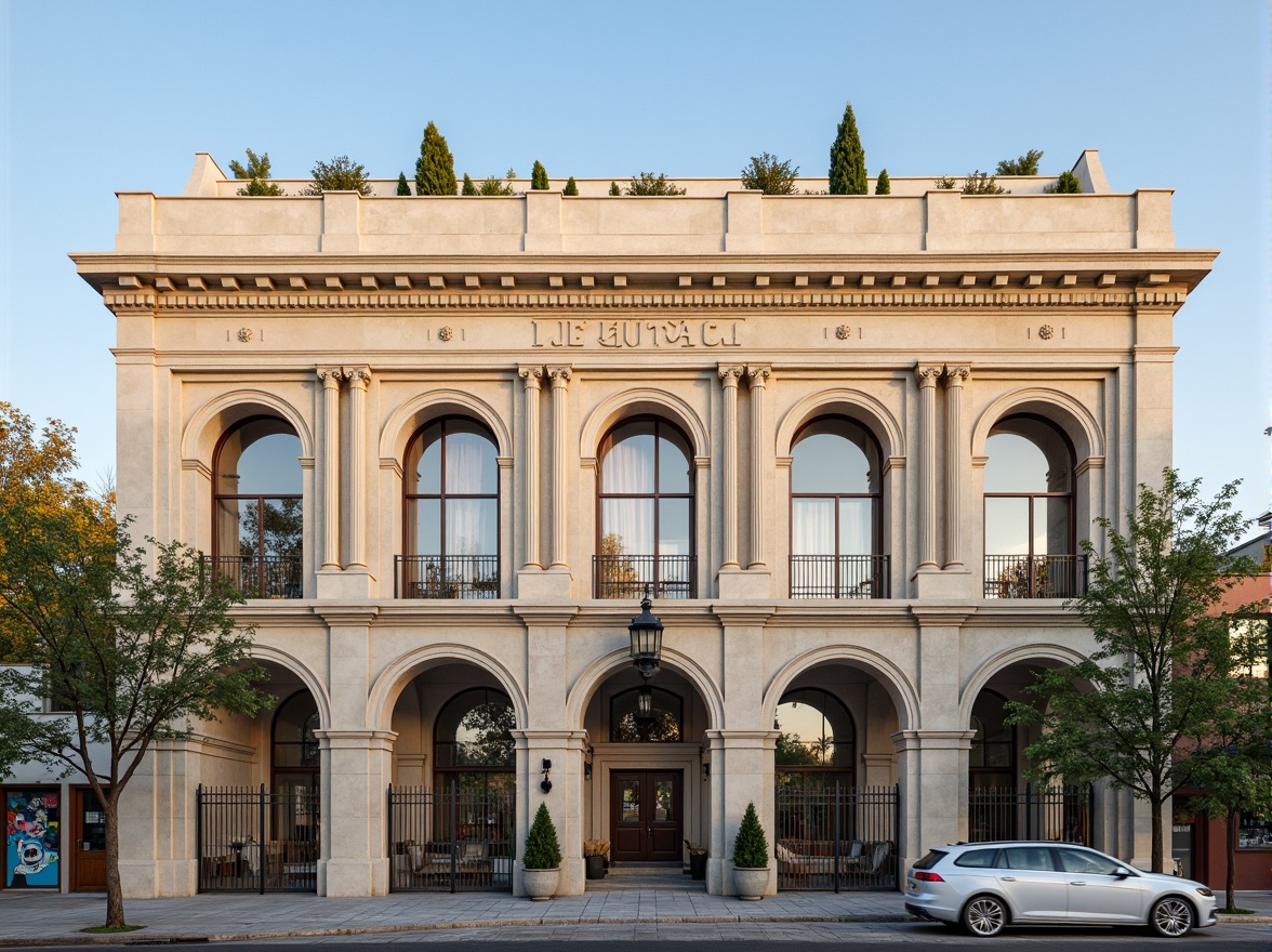 Prompt: Grand courthouse building, elegant facade, neoclassical architecture, columns and arches, symmetrical design, beige stone exterior, large windows, ornate metal doors, social housing units, modern amenities, community gardens, walk-up apartments, accessible ramps, wheelchair-friendly facilities, vibrant street art, urban landscape, morning sunlight, soft shadows, 1/2 composition, realistic textures, ambient occlusion.