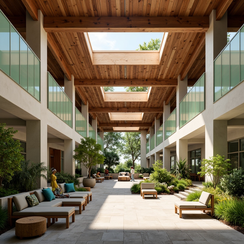 Prompt: Vibrant community center, open atrium, natural light pouring in, wooden beams, exposed ductwork, minimal ornamentation, earthy tones, comfortable seating areas, green walls, living plants, floor-to-ceiling windows, clerestory windows, skylights, warm atmosphere, soft shadows, diffused lighting, 1/1 composition, realistic textures, ambient occlusion.