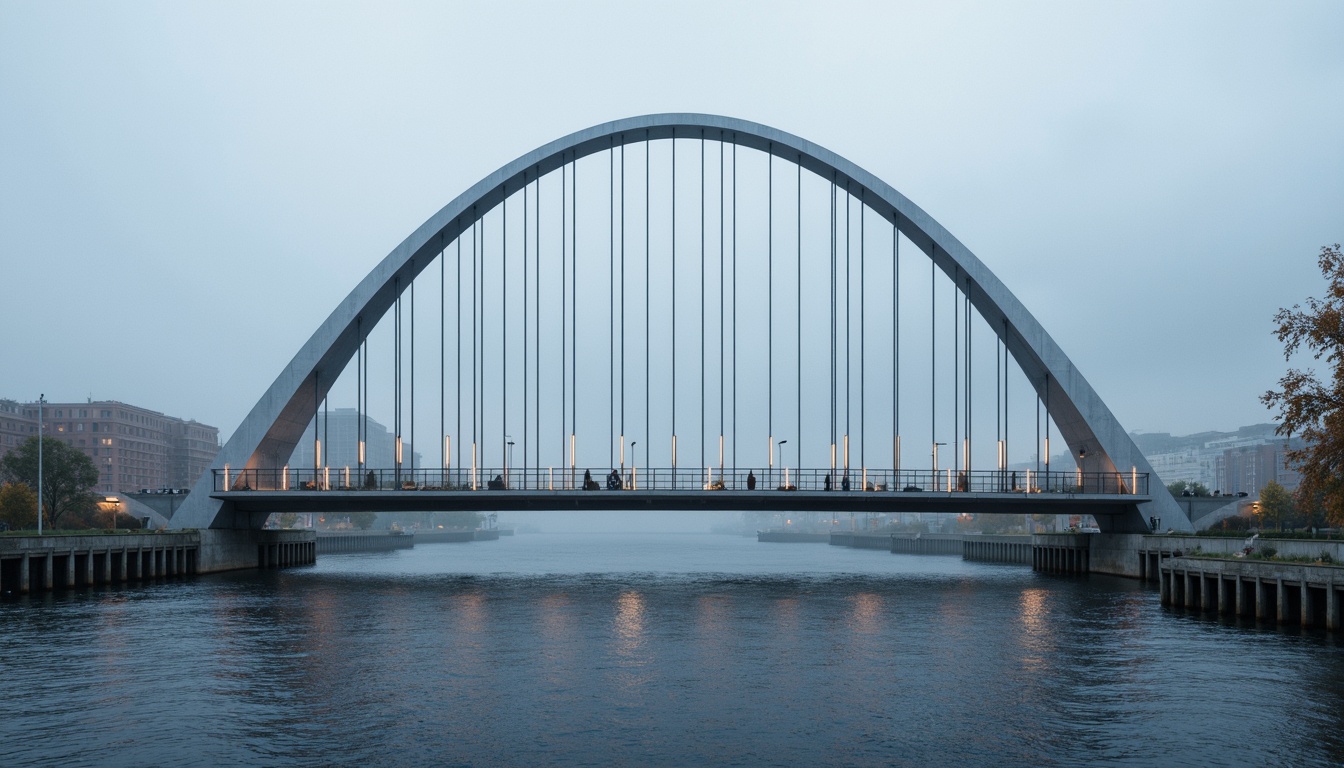 Prompt: Futuristic bridge design, sleek steel arches, suspension cables, modern pedestrian walkways, durable concrete piers, innovative fiber-reinforced polymer materials, translucent glass railings, iridescent LED lighting, misty atmospheric conditions, shallow depth of field, 2/3 composition, dramatic low-angle shot, realistic reflective surfaces, ambient occlusion.