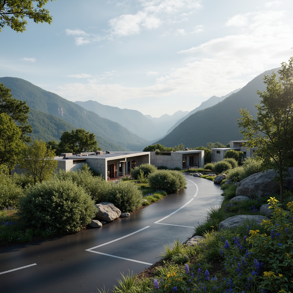 Prompt: Scenic mountainous backdrop, winding roads, electric vehicle charging stations, sleek modern design, solar panels, green roofs, sustainable energy solutions, natural stone walls, minimalist architecture, curved lines, futuristic aesthetic, misty morning atmosphere, soft warm lighting, shallow depth of field, 3/4 composition, panoramic view, realistic textures, ambient occlusion, lush vegetation, blooming wildflowers, serene ambiance.