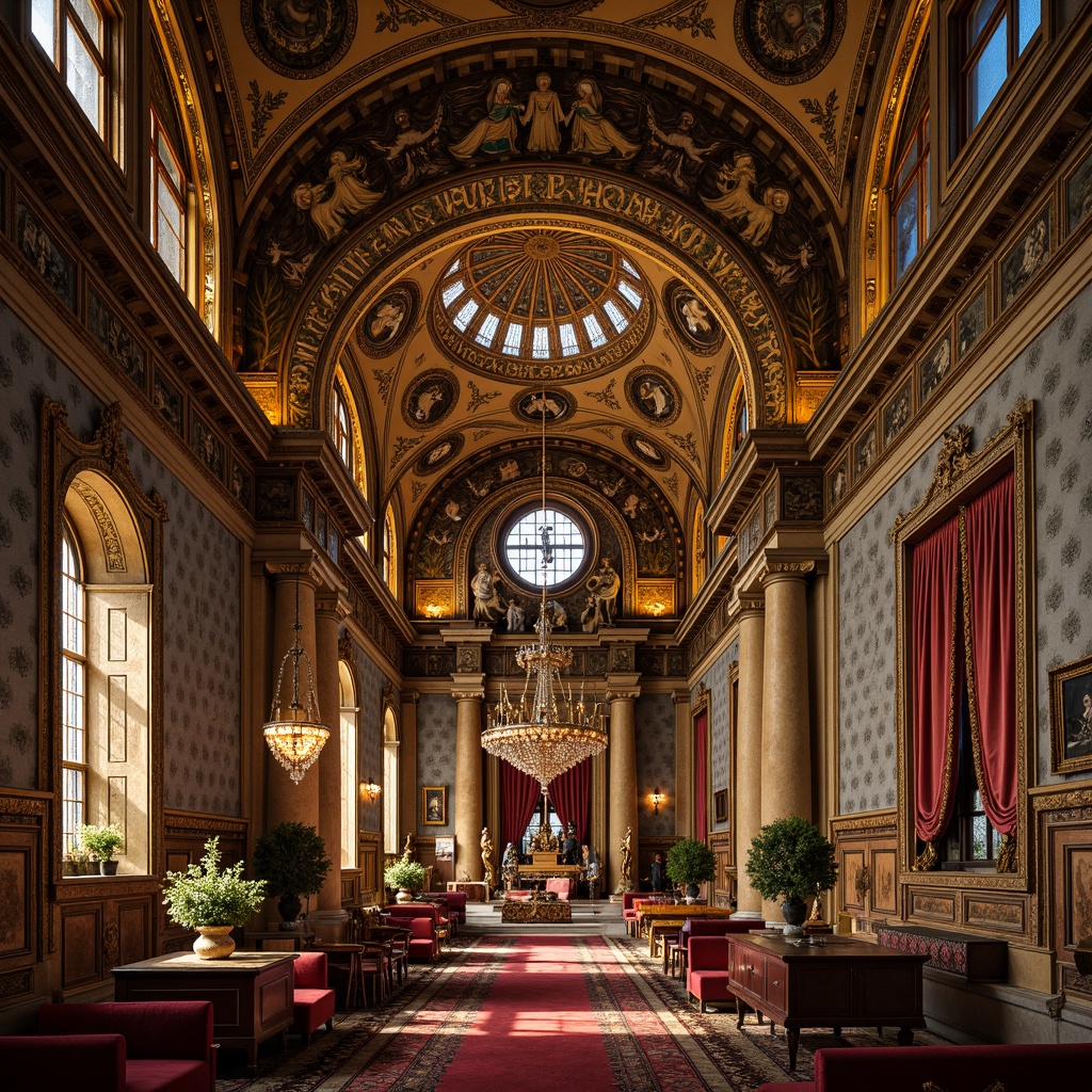 Prompt: Ornate Byzantine interior, lavish gold accents, intricate mosaics, ornamental arches, grand chandeliers, rich tapestries, opulent furnishings, majestic columns, vaulted ceilings, warm candlelight, soft shadows, 1/2 composition, high contrast ratio, realistic textures, ambient occlusion, detailed ornaments, luxurious fabrics, regal atmosphere, sacred ambiance.