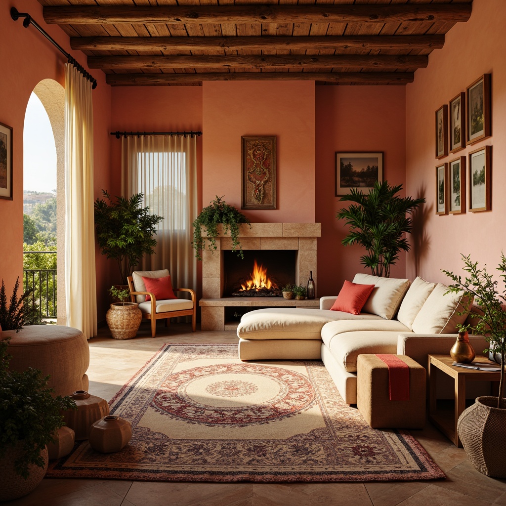 Prompt: Warm peach hues, soft coral tones, inviting beige shades, rustic terracotta accents, lush greenery, natural stone walls, cozy wooden furniture, plush textiles, vintage decorative items, eclectic bohemian patterns, warm golden lighting, shallow depth of field, 1/1 composition, intimate close-up shots, realistic textures, ambient occlusion.