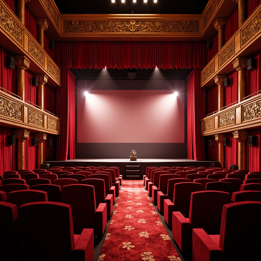 Prompt: Vibrant theater atmosphere, rich velvety curtains, ornate golden fixtures, plush crimson seats, dramatic spotlights, soft warm ambient glow, luxurious dark wood accents, metallic chrome details, bold geometric patterns, energetic color scheme, dynamic lighting effects, cinematic experience, 1/2 composition, shallow depth of field, realistic textures, ambient occlusion.