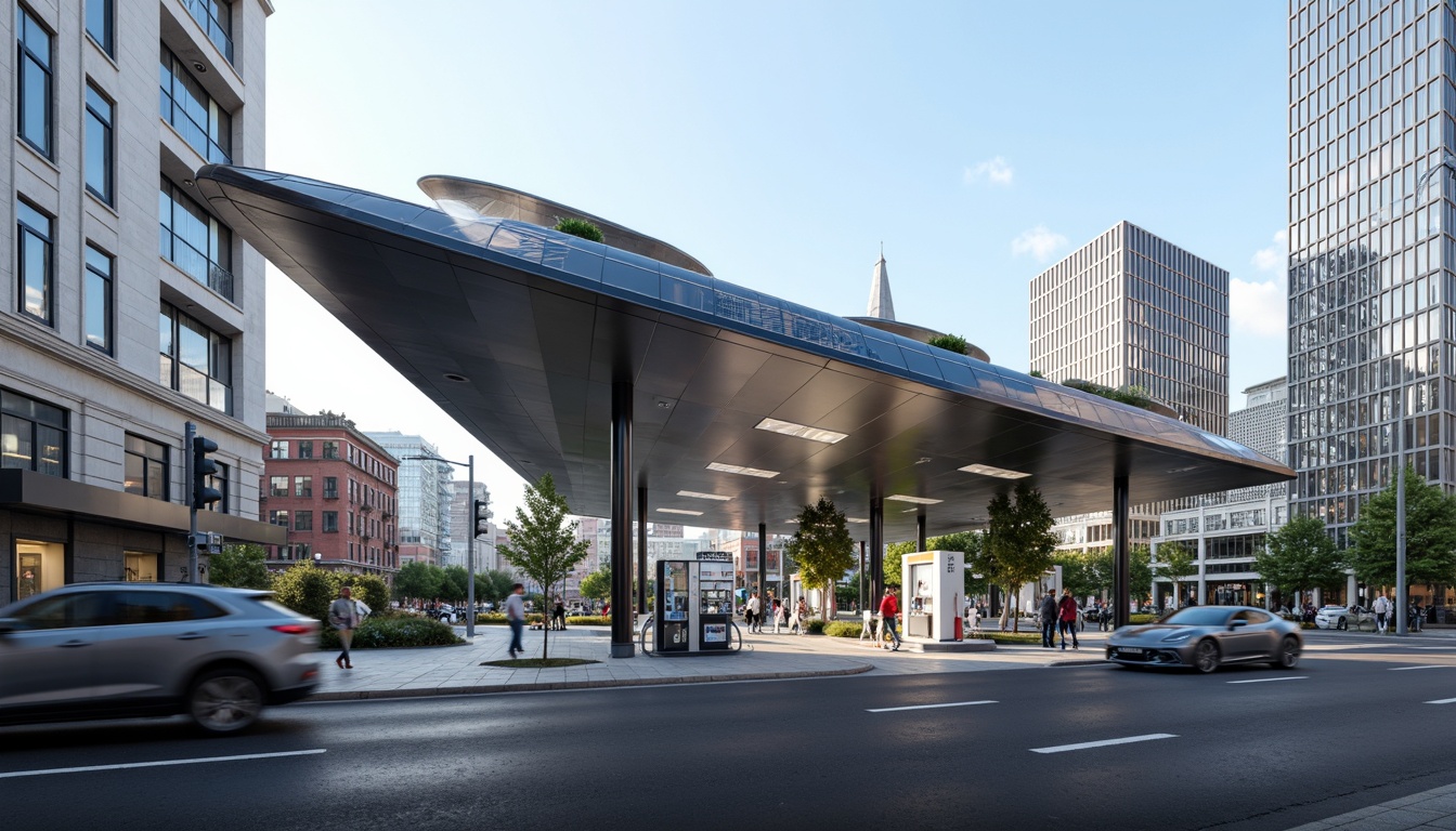 Prompt: Sleek modern gas station, streamlined facade, metallic materials, angular lines, futuristic aesthetic, LED lighting system, dynamic patterns, energy-efficient solutions, solar panels, green roofs, minimalist design, industrial chic decor, urban cityscape, busy streets, daytime scene, shallow depth of field, 3/4 composition, panoramic view, realistic textures, ambient occlusion.