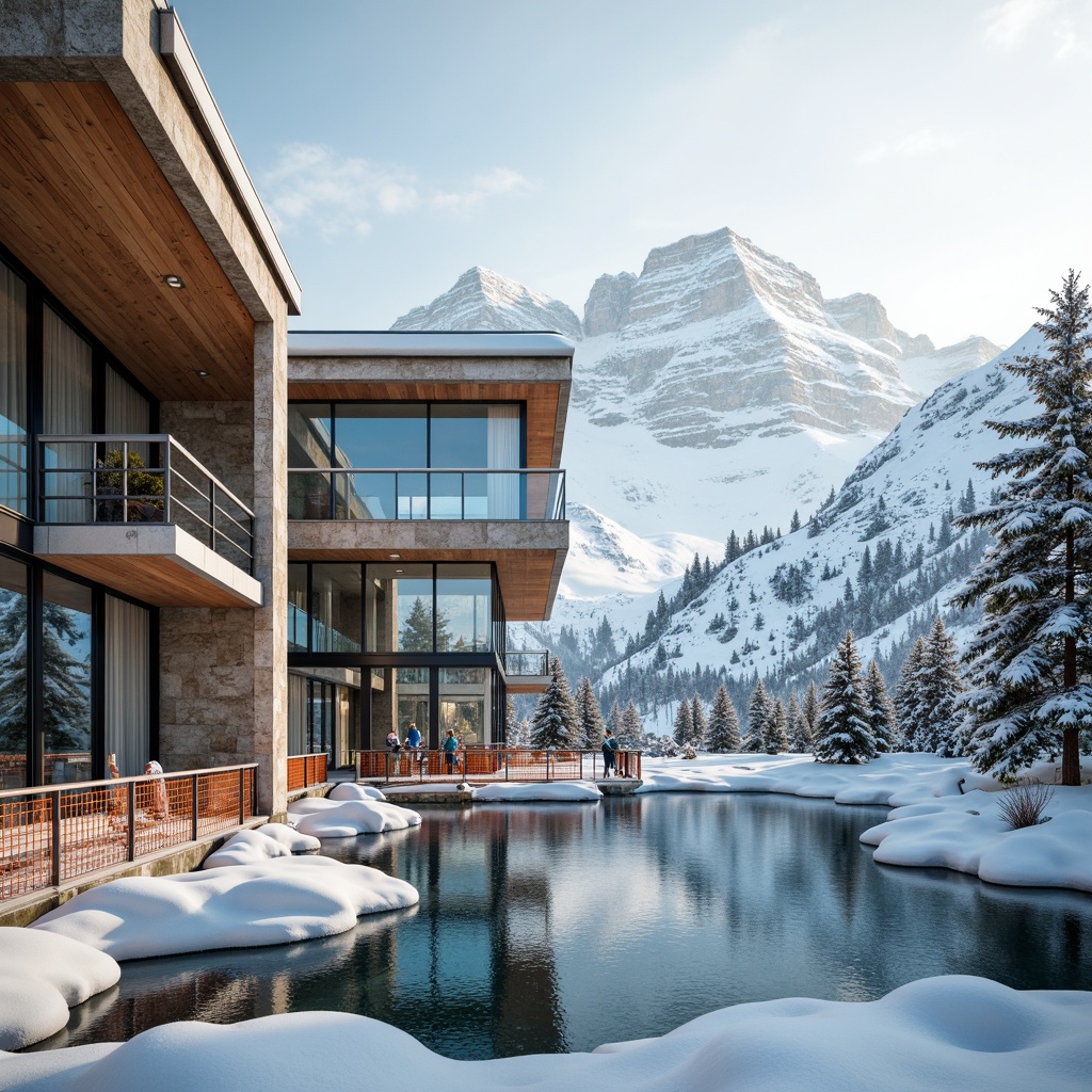 Prompt: Snow-capped mountains, frosty winter air, sleek modern architecture, angular lines, wooden accents, earthy tones, warm beige stones, icy blue windows, snowflake-inspired patterns, vibrant orange safety nets, rustic metal railings, frozen lake views, misty morning atmosphere, soft warm lighting, shallow depth of field, 3/4 composition, realistic textures, ambient occlusion.