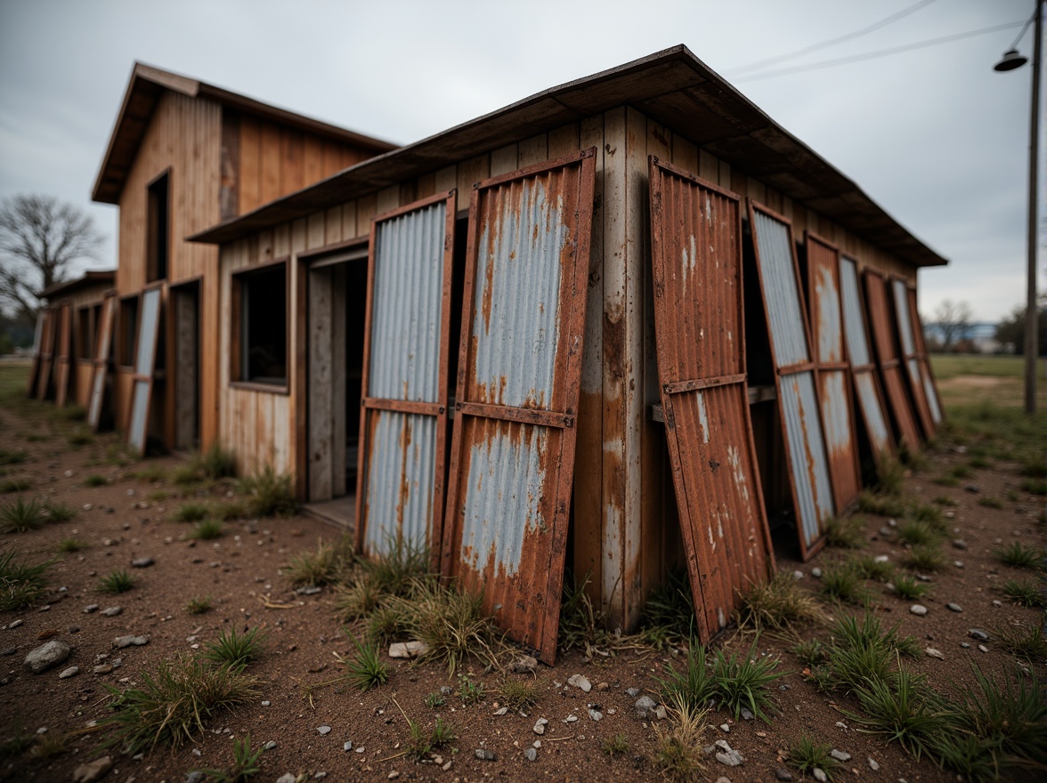 Prompt: Rustic corrugated iron sheets, weathered patina, distressed metallic surface, industrial aesthetic, rugged texture, earthy tones, worn edges, faded galvanization, rural landscape, abandoned factory, rustic barn, overcast sky, warm soft lighting, high contrast, dramatic shadows, shallow depth of field, 1/2 composition, realistic reflections, ambient occlusion.