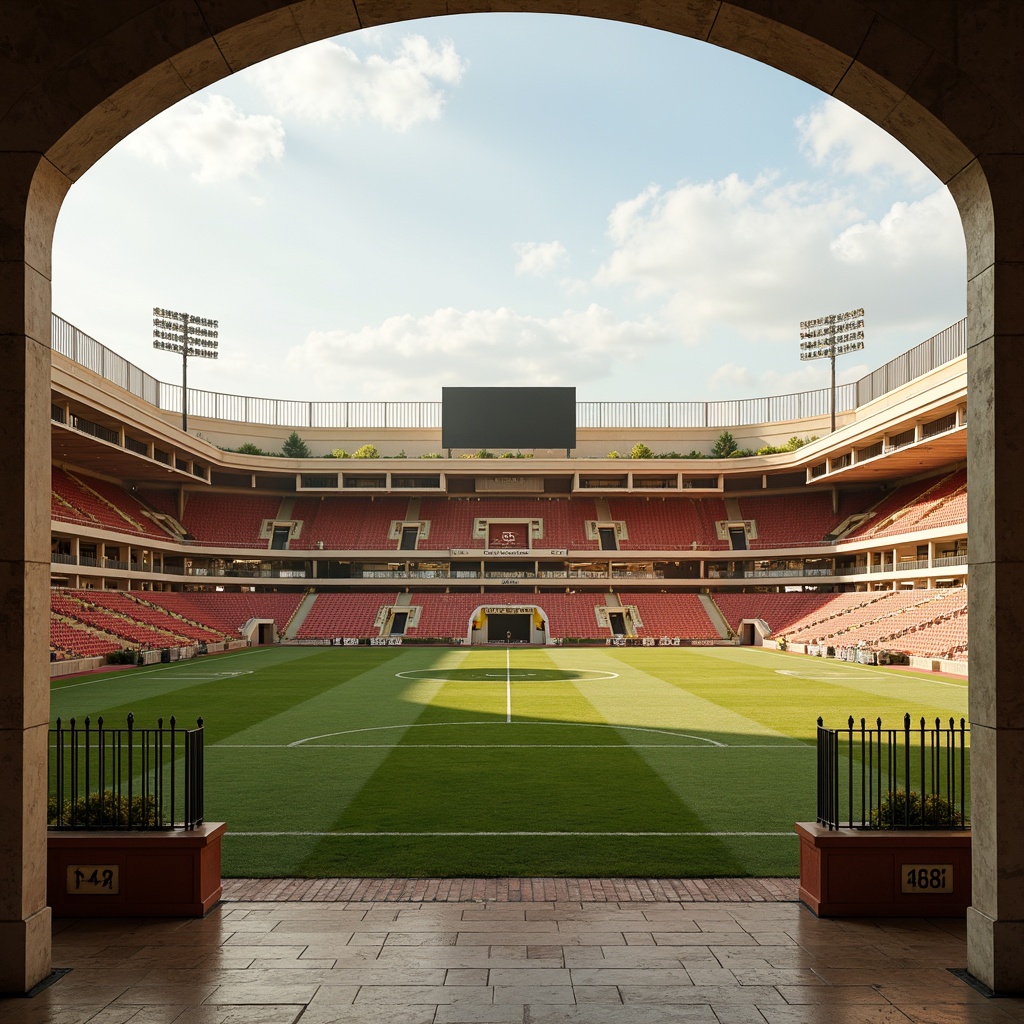 Prompt: Timeless soccer stadium, elegant arches, ornate columns, grandiose entrance gates, lavish marble flooring, rich wood accents, vintage scoreboard, nostalgic floodlights, warm beige walls, earthy red seats, lush green grass, subtle cream-colored stone facades, majestic bronze statues, classic athletic track, rustic metal fencing, soft golden lighting, shallow depth of field, 1/1 composition, symmetrical architecture, realistic textures, ambient occlusion.