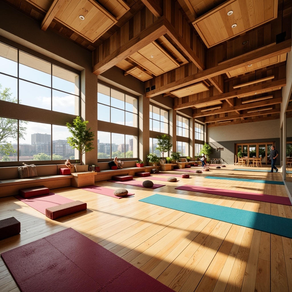 Prompt: Cozy gym interior, warm wood flooring, soft padding, vibrant colored mats, suspended acoustic panels, natural light pouring in, clerestory windows, modern minimalist design, ergonomic exercise equipment, comfortable seating areas, ambient lighting, subtle color schemes, calming atmosphere, sound-absorbing materials, eco-friendly textiles, woven vinyl upholstery, sturdy metal frames, refreshing ventilation systems, panoramic views, 1/2 composition, shallow depth of field.