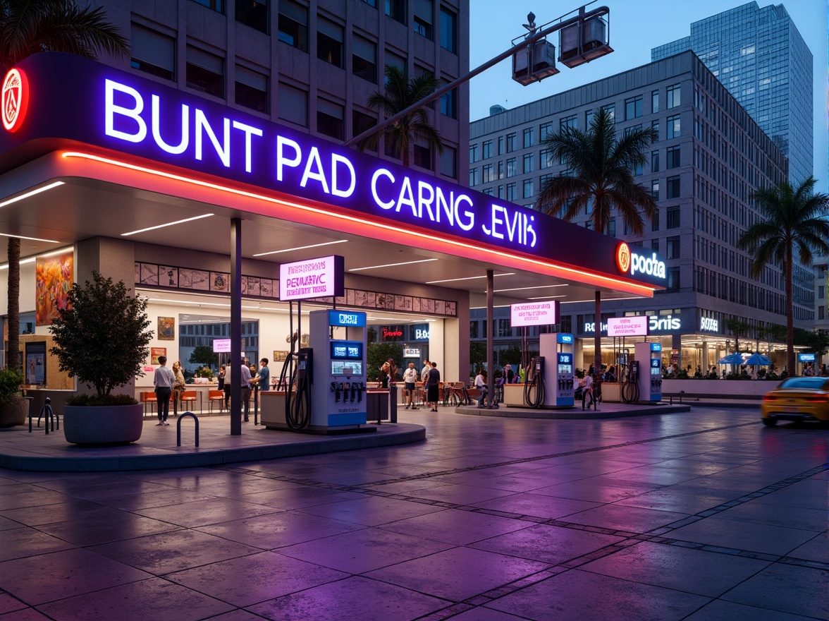 Prompt: Vibrant gas station, neon signage, bold typography, sleek fuel pumps, modern architecture, metallic accents, polished concrete floors, geometric patterns, urban cityscape, busy streets, rush hour atmosphere, warm evening lighting, soft glow illumination, 1/2 composition, shallow depth of field, realistic textures, ambient occlusion.