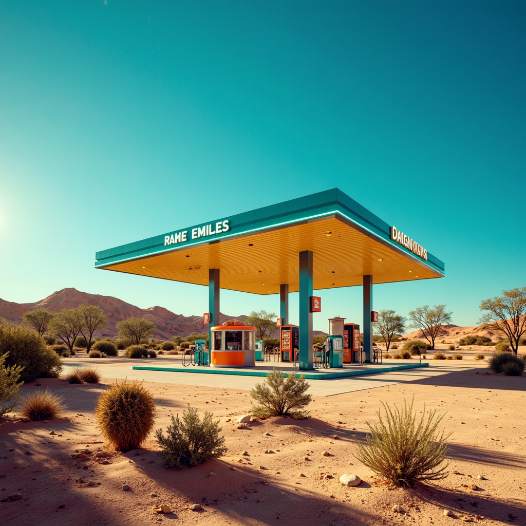 Prompt: Vibrant desert landscape, sandy dunes, cactus plants, hot sunny day, clear blue sky, retro-futuristic gas station architecture, neon-lit signs, bold typography, bright color scheme, turquoise accents, yellow and orange hues, stainless steel pumps, sleek modern design, minimalist aesthetic, LED lighting, abstract geometric patterns, dynamic shadows, low-angle shot, dramatic composition, high contrast ratio, warm atmospheric lighting.