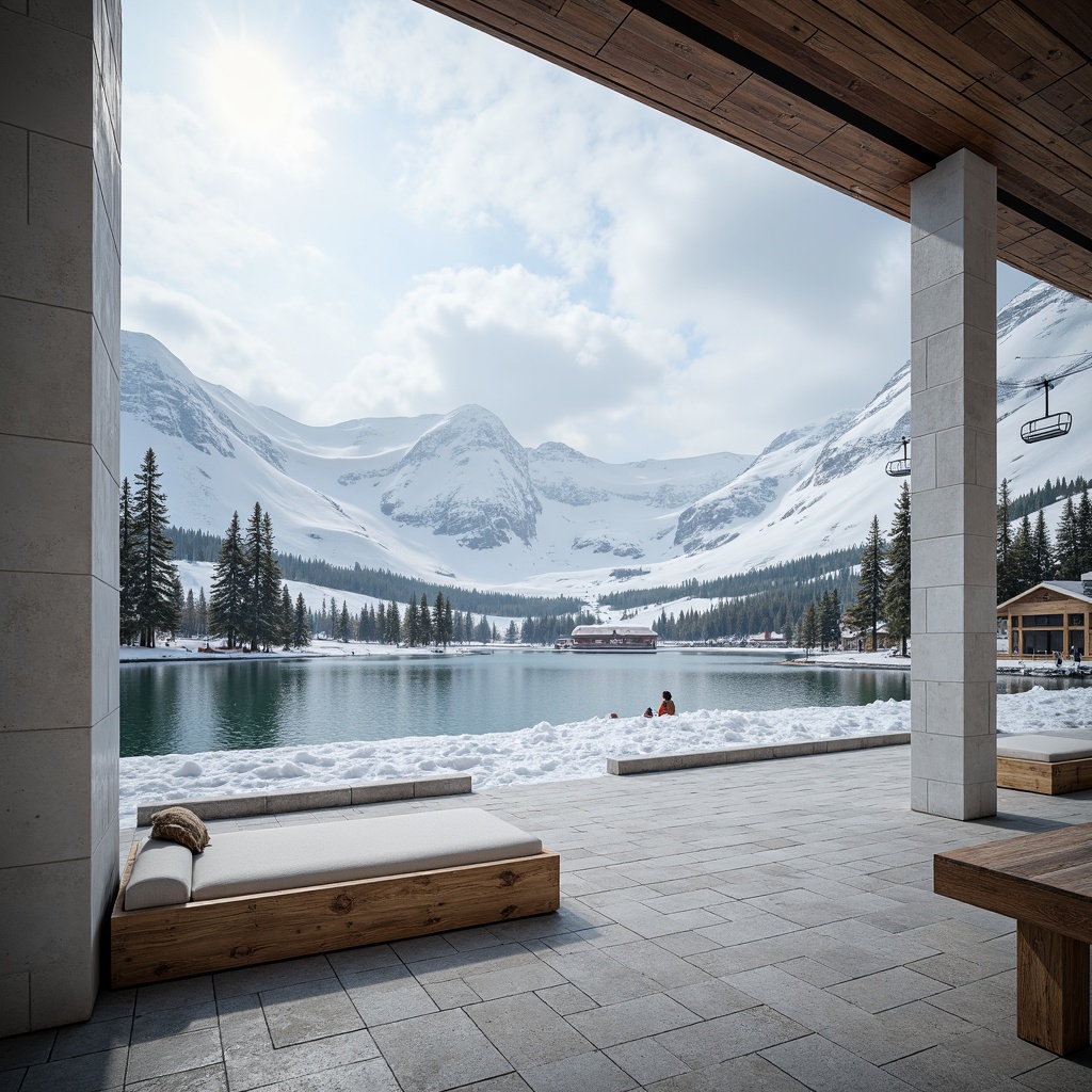 Prompt: Snow-capped mountains, frozen lakes, ski lifts, modernist ski center, angular lines, minimalist design, clean white walls, large windows, sliding glass doors, wooden accents, natural stone floors, rustic metal beams, warm cozy lighting, foggy misty atmosphere, shallow depth of field, 1/1 composition, panoramic view, realistic textures, ambient occlusion.