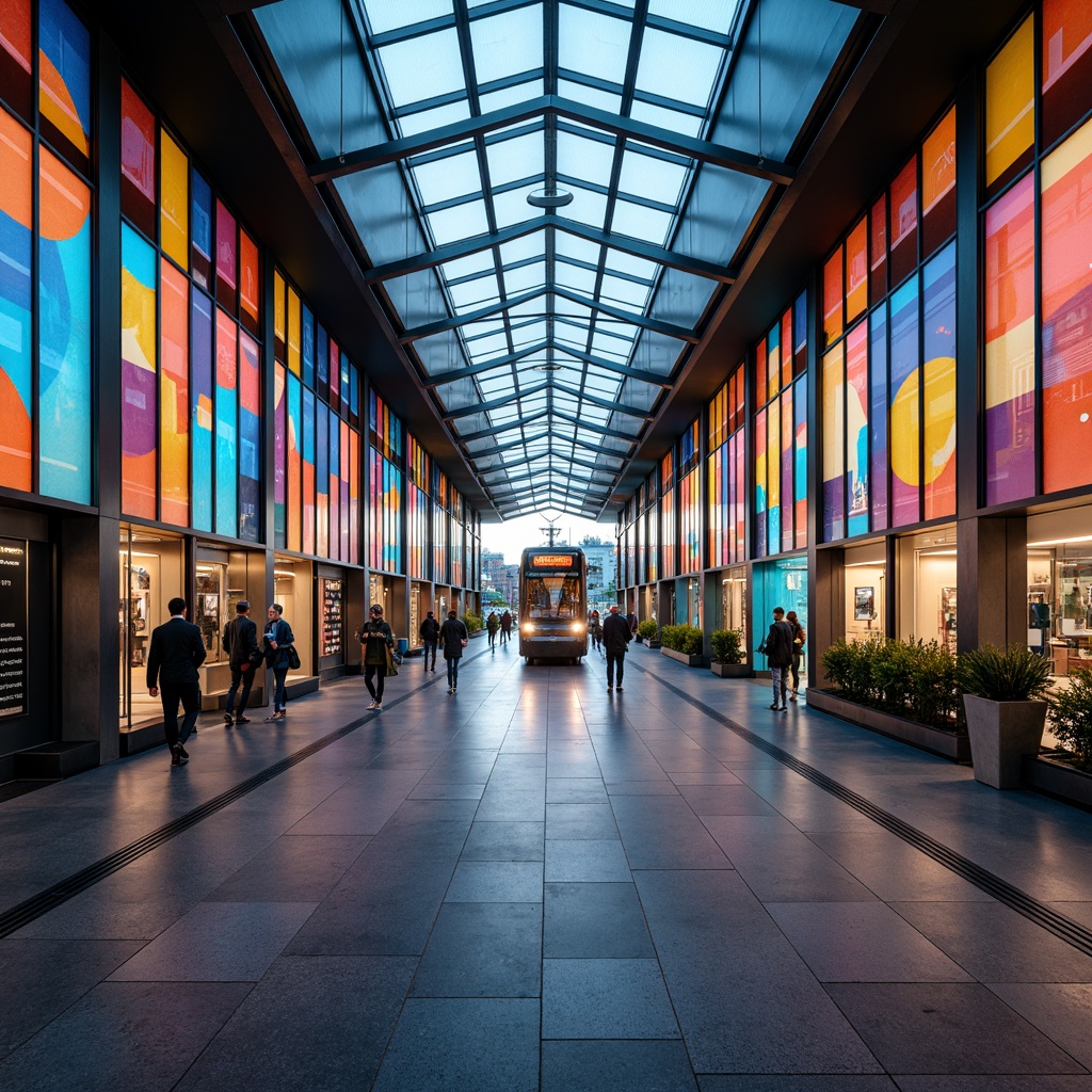 Prompt: Vibrant tram station, colored glass fa\u00e7ade, abstract patterned walls, illuminated ceilings, sleek modern architecture, stainless steel columns, polished granite floors, futuristic LED lighting, dynamic angular lines, urban cityscape, bustling pedestrian traffic, morning rush hour atmosphere, soft warm glow, shallow depth of field, 1/2 composition, symmetrical view, realistic reflections, ambient occlusion.