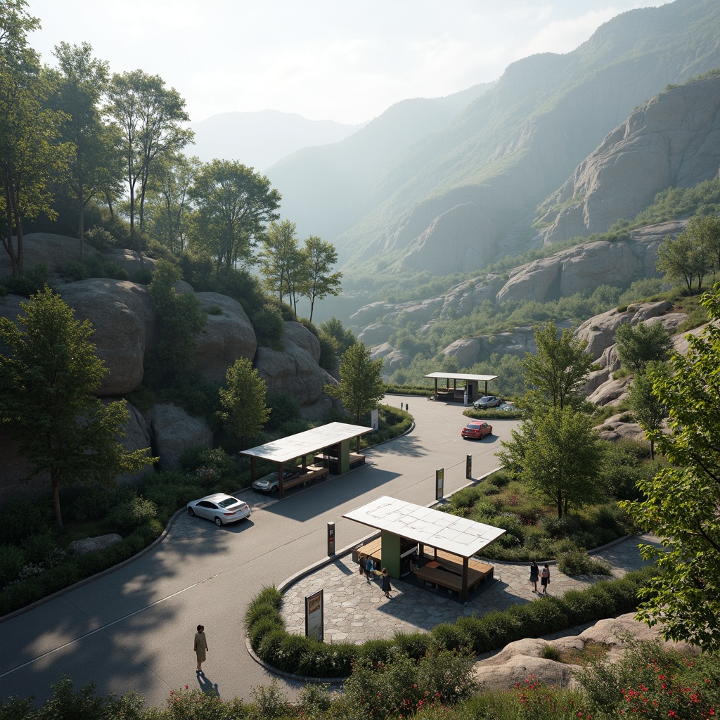 Prompt: Scenic mountainous landscape, winding roads, electric vehicle charging stations, modern minimalist architecture, sleek metal canopies, solar panels, green roofs, natural stone walls, integrated seating areas, informational signage, urban forestry, lush vegetation, misty atmosphere, soft warm lighting, shallow depth of field, 3/4 composition, panoramic view, realistic textures, ambient occlusion.