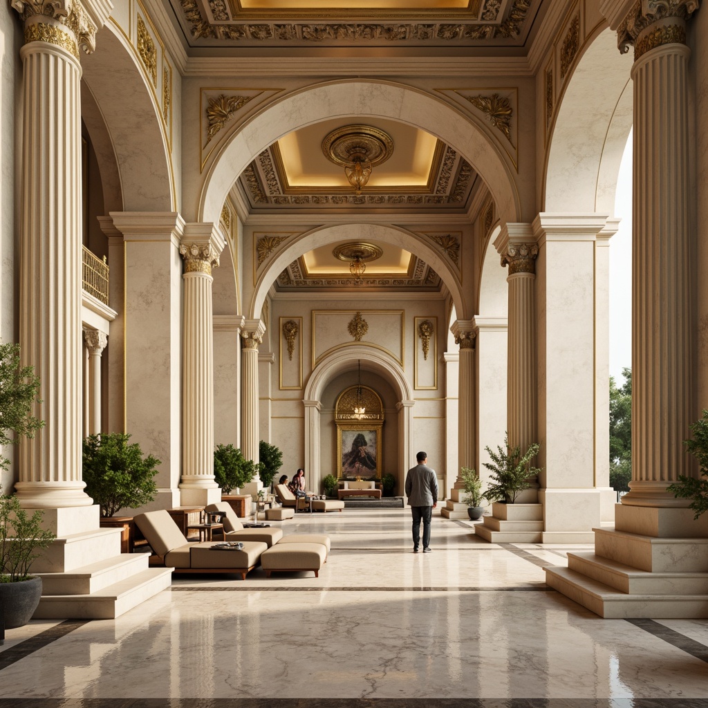 Prompt: Elegant neoclassical architecture, creamy white marble, soft golden lighting, ornate details, fluted columns, symmetrical composition, grandiose scale, richly textured fabrics, muted earth tones, warm beige walls, subtle color gradations, refined ornaments, luxurious furnishings, intricate patterns, sophisticated ambiance, high-contrast shadows, dramatic chiaroscuro, 1/2 composition, cinematic framing, realistic renderings.