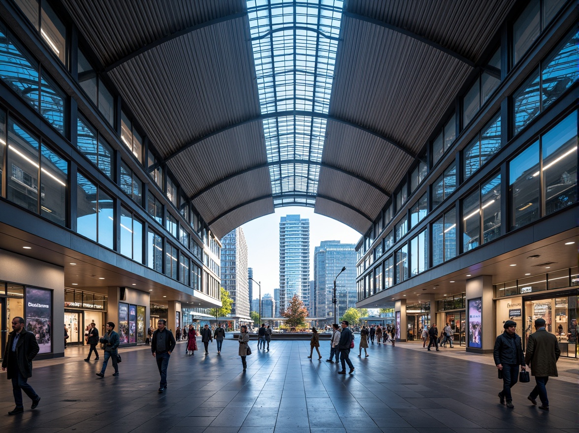 Prompt: Modern international train station, sleek glass facade, minimalist curves, metallic accents, grand entrance halls, spacious waiting areas, high ceilings, natural stone floors, geometric patterns, vibrant LED lighting, bustling city surroundings, urban landscape, dynamic street views, blurred motion effects, shallow depth of field, 1/1 composition, realistic reflections, ambient occlusion.