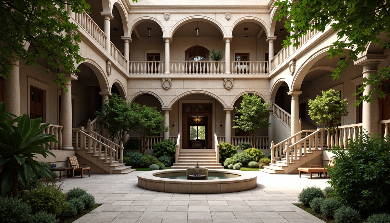 Prompt: Serene library courtyard, lush greenery, ornate fountains, grand staircase, neoclassical columns, symmetrical architecture, rusticated stone walls, elegant archways, sweeping balconies, intricate moldings, refined reading rooms, comfortable seating areas, warm wooden tones, soft natural lighting, subtle color palette, shallow depth of field, 1/1 composition, realistic textures, ambient occlusion.