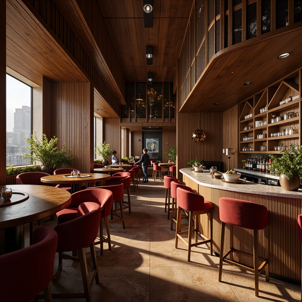 Prompt: Luxurious bar interior, fusion architecture style, rich wood textures, metallic accents, velvet upholstered stools, marble countertops, gleaming chrome fixtures, ambient warm lighting, soft focus, shallow depth of field, 1/1 composition, cinematic view, realistic reflections, subtle atmospheric fog.